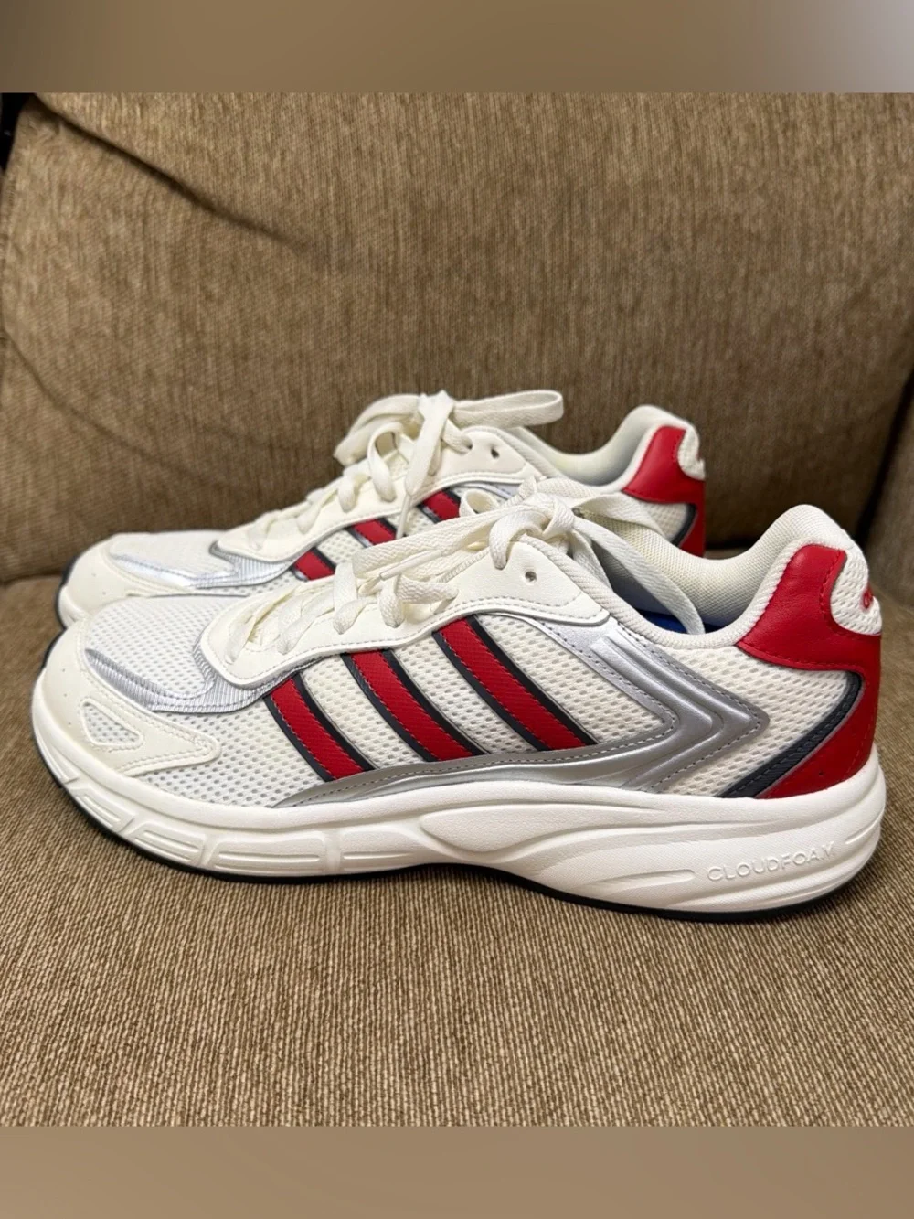 adidas White Sneakers with Red and Gray Stripe Accents - Men size 11